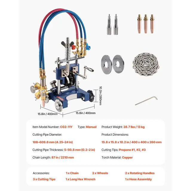 Alt view image 7 of 7 - CG2-11Y Manual Pipe Cutting Machine, 0.2"-2" Thick Pipe Beveling Machine with 82-in Chain, 0°-45° Adjusted Angle Gas Cutting Machine with 3 Tips, Portable Torch Beveling Gas Cutter