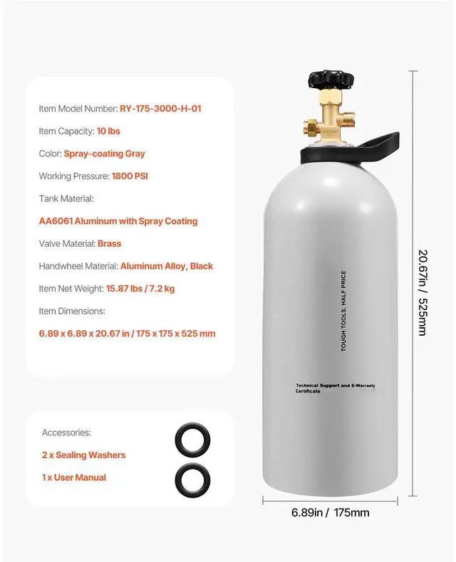 Alt view image 7 of 7 - CO2 Tank, 10 lbs New Aluminum Alloy Cylinder, CO2 Air Tank with Light Spray Coating, CGA320 Valve, Handle & Adjustable Pressure, DOT Approved Cylinder for Draft Beer Dispensing and Soda Maker
