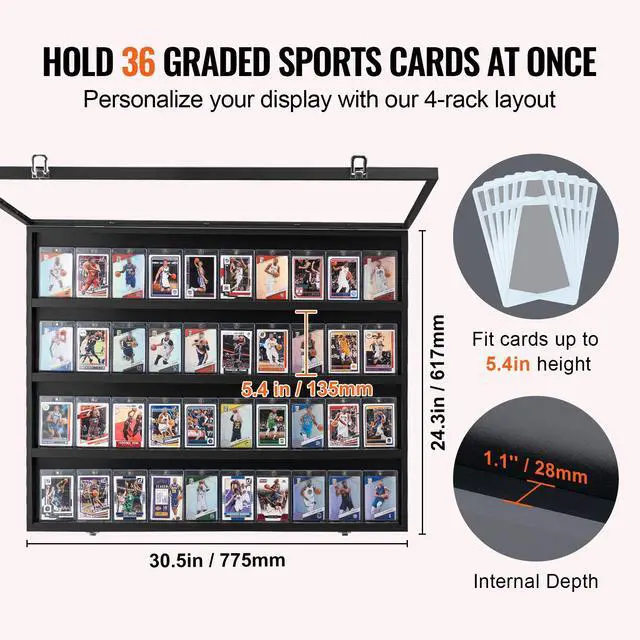 Alt view image 5 of 7 - 36 Graded Sports Card Display Case, 30.5x24.3x2.1 in, Baseball Card Display Frame with 98% UV Protection Clear View PC Glass, Lockable Wall Cabinet for Football Basketball Hockey Trading Card
