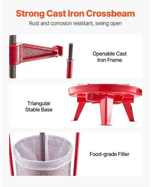 Alt view image 4 of 7 - 3.69 Gal/14L Fruit Wine Press, Stainless Steel Basket with Cross-beam and Triangular Structure, Manual Juice Maker, Cider Apple Grape Tincture Making Press with T-Handle for Kitchen Home