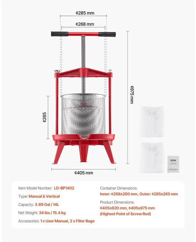 Alt view image 7 of 7 - 3.69 Gal/14L Fruit Wine Press, Stainless Steel Basket with Cross-beam and Triangular Structure, Manual Juice Maker, Cider Apple Grape Tincture Making Press with T-Handle for Kitchen Home