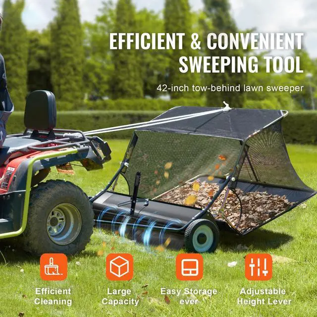 Alt view image 2 of 7 - 42-inch Lawn Sweeper Tow Behind, 12 cu.ft. Large Pull Behind Grass Sweeper, Heavy Duty Leaf & Grass Collector with Dumping Rope Design, Adjustable Sweeping Height for Picking Up Debris & Grass