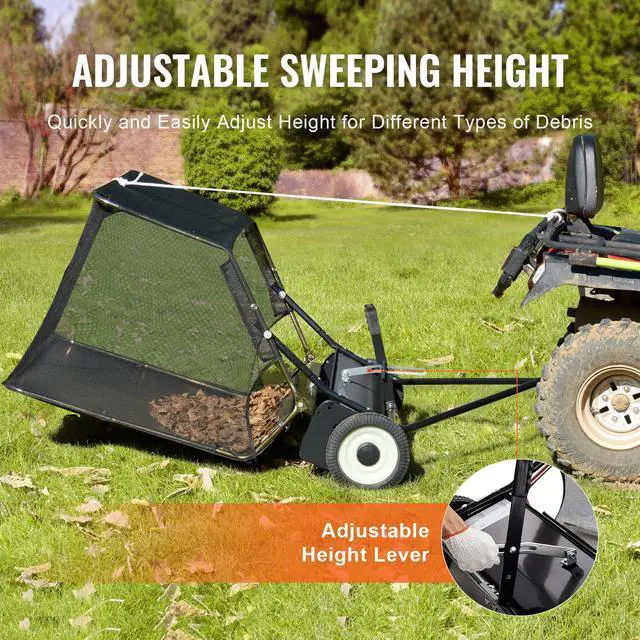Alt view image 3 of 7 - 42-inch Lawn Sweeper Tow Behind, 12 cu.ft. Large Pull Behind Grass Sweeper, Heavy Duty Leaf & Grass Collector with Dumping Rope Design, Adjustable Sweeping Height for Picking Up Debris & Grass