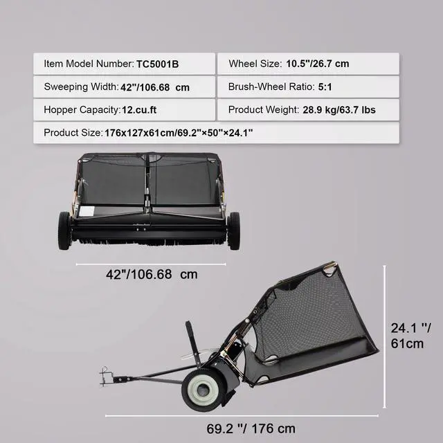 Alt view image 7 of 7 - 42-inch Lawn Sweeper Tow Behind, 12 cu.ft. Large Pull Behind Grass Sweeper, Heavy Duty Leaf & Grass Collector with Dumping Rope Design, Adjustable Sweeping Height for Picking Up Debris & Grass