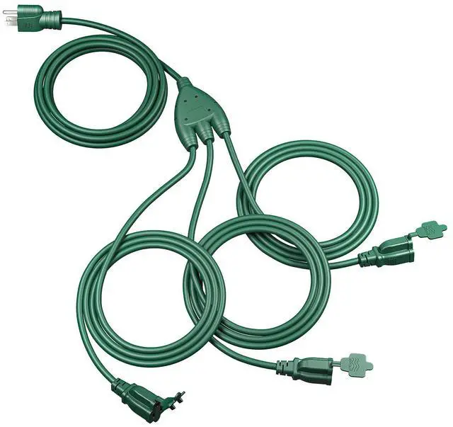 Main image of 40FT (22+6*3), 1 to 3 Splitter Outlets, 3 Prong Outlets, Green | 16/3C SJTW Extension Cord, Safety Outlet Covers, Weatherproof for Outdoor String Lights, Christmas Tree, ETL Listed