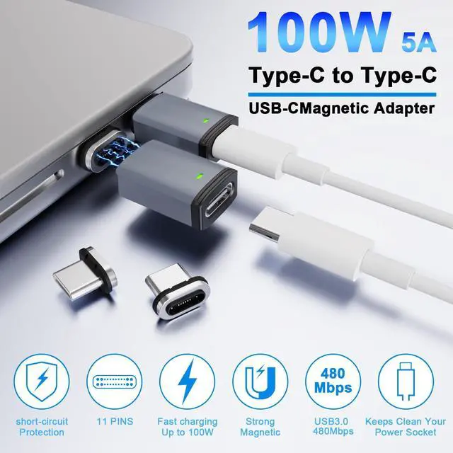 Alt view image 2 of 7 - 3C'S USB C Magnetic Adapter 2 Pack+4 Male Port,11Pin Straight Type C Magnetic Adapter,Supports USB PD 100W Fast Charging, 480Mbps Transfer Speed,Compatible with MacBook Pro/Air and Most USBC Devices
