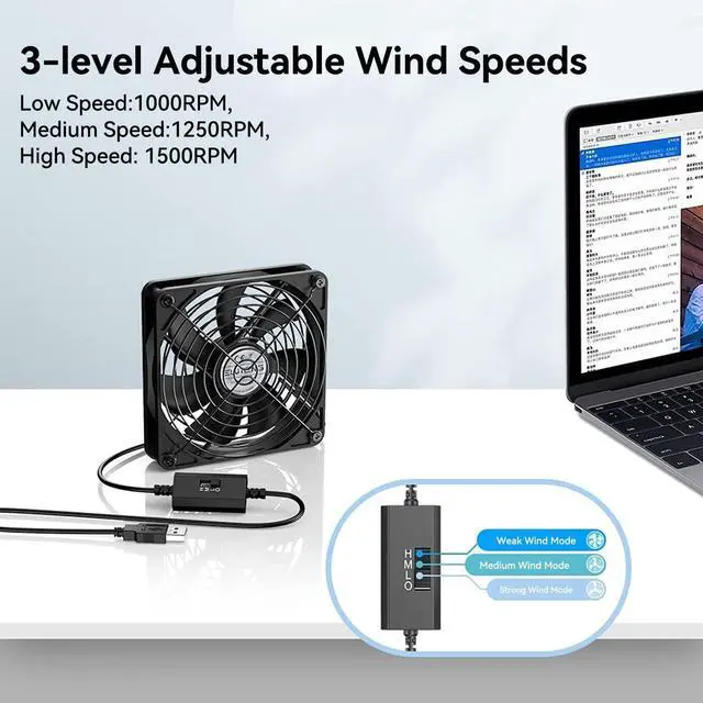 Alt view image 2 of 7 - ELUTENG 120mm Fan With 3 Speed 5V USB Powered Case Fan 1500PRM Gaming PC Portable Cooling Suitable for Tablet TV Receiver Router DVR Play Station Xbox Computer and More