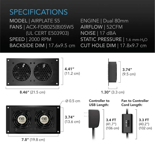 Alt view image 6 of 7 - AC Infinity AIRPLATE S5, Quiet Cabinet Cooling Fan 8" w/ Speed Controller | Premium Brushed Aluminum Finish, Ultra-Quiet Dual-Ball Beating Fans, UL-Certified for Home Theater AV Cabinets