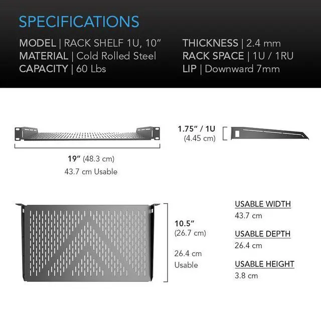 Alt view image 6 of 7 - Vented Cantilever 1U Universal Rack Shelf, 10" Deep, for 19 Equipment Racks. Heavy-Duty 2.4mm Cold Rolled Steel, 60lbs Capacity