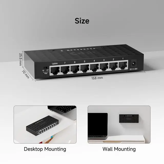 Alt view image 7 of 7 - DBIT 8 Port Gigabit Ethernet Switch, Desktop Ethernet Splitter, One-Key VLAN, Independent Uplink Port, Plastic Case, Unmanaged Network Switch, Plug & Play, Fanless Quiet (TXE210)