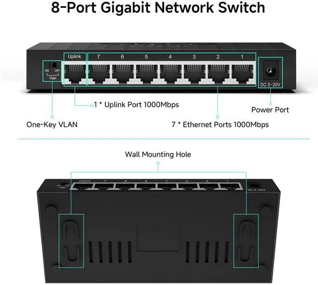 Alt view image 4 of 7 - DBIT 8 Port Gigabit Ethernet Switch, Desktop Ethernet Splitter, One-Key VLAN, Independent Uplink Port, Plastic Case, Unmanaged Network Switch, Plug & Play, Fanless Quiet (TXE210)