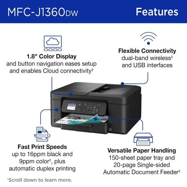 Alt view image 8 of 11 - Brother Work Smart 1360 Wireless Color Inkjet All-in-One Printer with Automatic Duplex Printing and 1.8" Color Display (MFC-J1360DW)