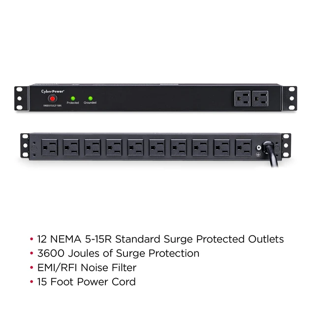 Alt view image 4 of 7 - RKBS15S2F10R Rackbar Surge Protector 120V/15A, 12 Outlets, 15 Foot Power Cord, 1U Rackmount, UL Listed