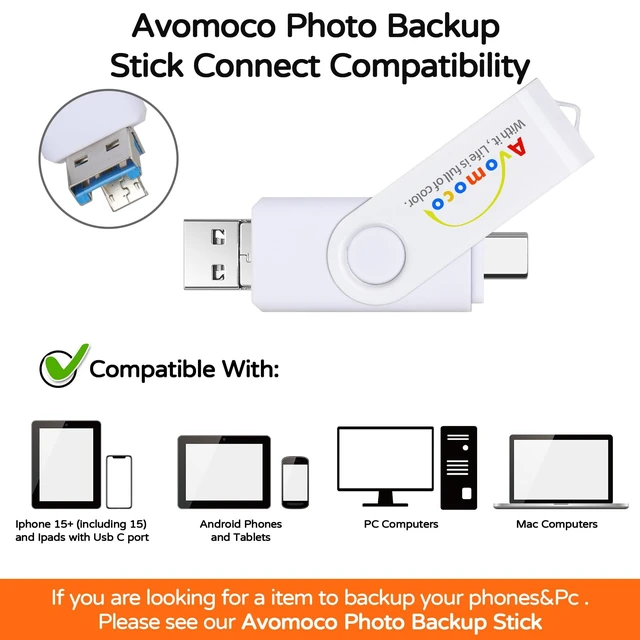 Alt view image 2 of 5 - AVOMOCO 128GB 3-in-1 High Speed Photo Backup Flash Drive for iPhone 15/16/17 with Type-C/USB-C Port, Photo Stick for Android Phones with OTG Function, USB 3.1
