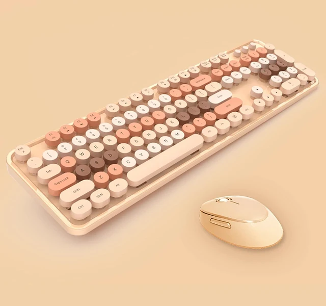 Main image of 2.4G Full-Size Wireless Keyboard and Mouse Combo, Multi-Color Typewriter Style Round Keycap, Cute Candy Colors, Compatible with Notebook, PC (104 Keys,Milk Tea)