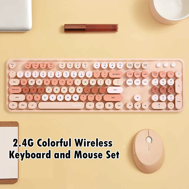 Alt view image 2 of 5 - 2.4G Full-Size Wireless Keyboard and Mouse Combo, Multi-Color Typewriter Style Round Keycap, Cute Candy Colors, Compatible with Notebook, PC (104 Keys,Milk Tea)