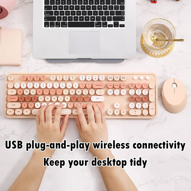 Alt view image 4 of 5 - 2.4G Full-Size Wireless Keyboard and Mouse Combo, Multi-Color Typewriter Style Round Keycap, Cute Candy Colors, Compatible with Notebook, PC (104 Keys,Milk Tea)