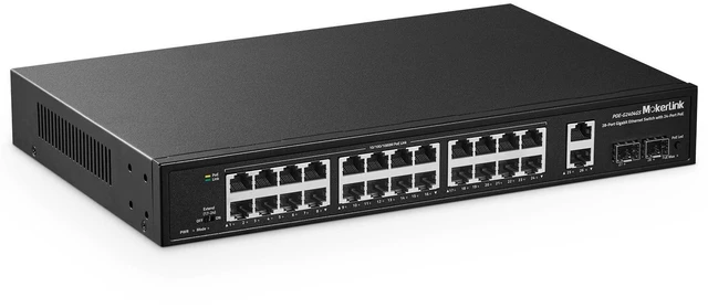 Main image of MokerLink 28 Port Gigabit PoE Switch, 24 Gigabit PoE+ Ports, 2 Gigabit Uplink, 2 Gigabit SFP, 300W IEEE802.3af/at, Metal Rackmount Unmanaged Plug and Play Ethernet Switch