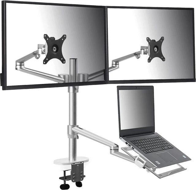Main image of MagicHold Height Adjustable 3 in 1 Mount Compatible with 13 to 17.3 inch Laptop, Hold 2 Monitors 11 to 27 inch with Vesa, Monitor Desk Stand arm Riser Mount Stand Workstation (Silver)