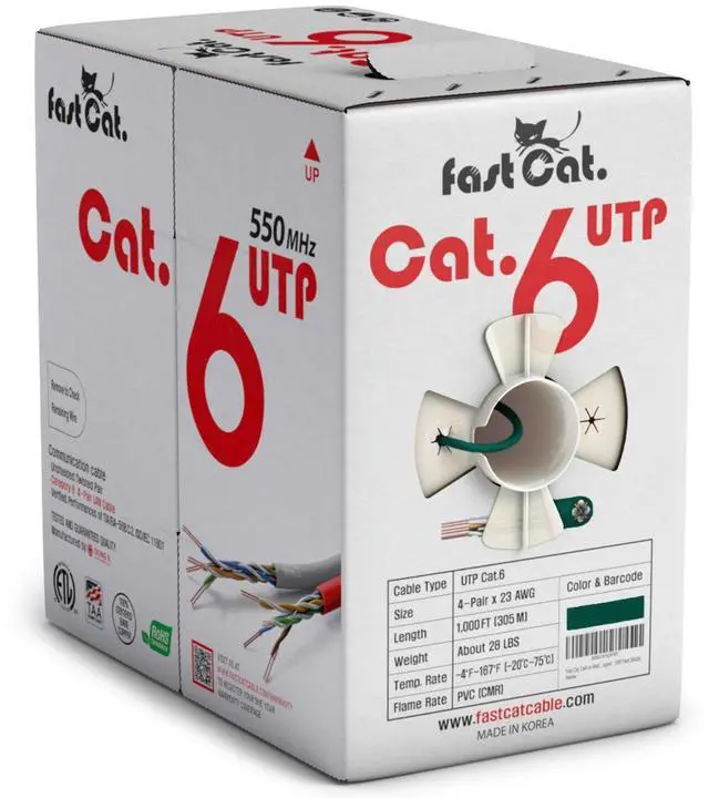 Main image of fast Cat. Cat6 Ethernet Cable 1000ft - 23 AWG, CMR, Insulated Solid Bare Copper Wire Cat 6 Cable with Noise Reducing Cross Separator - 550MHZ / 10 Gigabit Speed UTP LAN Cat6 Cable 1000ft - CMR (Green)