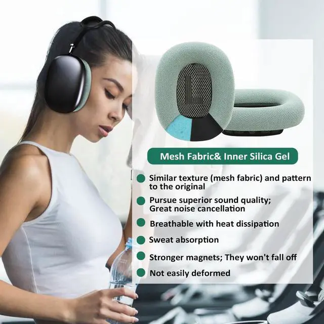 Alt view image 5 of 5 - EARROCK Replacement Gel Ear Cushions for Apple AirPods Max 1, Mesh Fabric Covered Ear Pads & Silicone & Memory Foam and Magnet (Green)