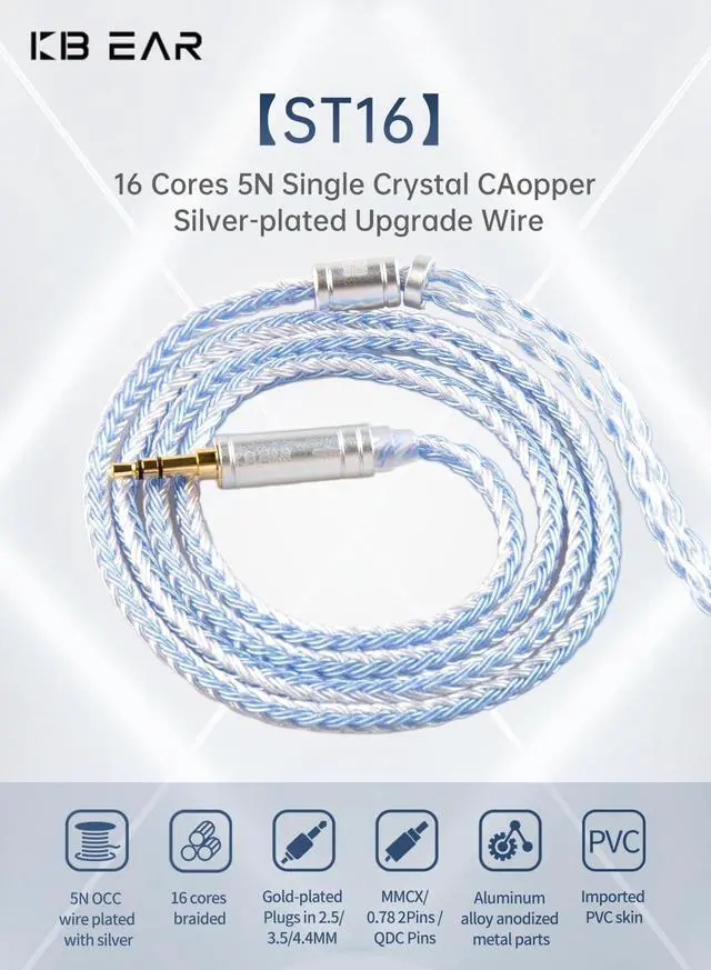 Alt view image 2 of 5 - 16 Cores 5N single Crystal Copper Cable,KBEAR ST16 Headphone Cable Silver-plated Upgrade Wire Silver MMCX Replacement Earphone Wire Cable for FILO FH3 FD3 FF5 (MMCX 2.5mm Audio Jack, Silver-Blue)