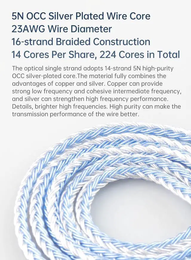 Alt view image 3 of 5 - 16 Cores 5N single Crystal Copper Cable,KBEAR ST16 Headphone Cable Silver-plated Upgrade Wire Silver MMCX Replacement Earphone Wire Cable for FILO FH3 FD3 FF5 (MMCX 2.5mm Audio Jack, Silver-Blue)