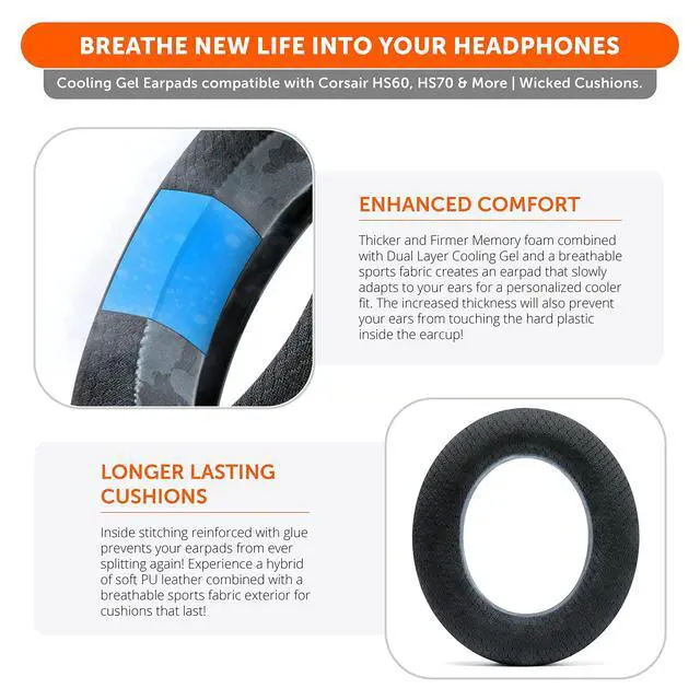 Alt view image 4 of 5 - WC Freeze HS60 - Cooling Gel Replacement Earpads for Corsair HS50, HS60, HS70 & More by Wicked Cushions - Boost Comfort, Durability, Thickness & Sound Isolation for Epic Gaming Sessions ^^ Black