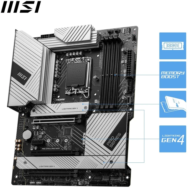 Alt view image 3 of 5 - MSI PRO Z790-A MAX WiFi ProSeries Motherboard (Supports 12th/13th/14th Gen Intel Processors, LGA 1700, DDR5, PCIe 5.0, M.2, SATA 6G, 2.5Gbps LAN, USB 3.2 Gen2, Wi-Fi 7, Bluetooth 5.4, ATX)