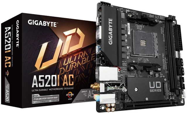 Main image of Gigabyte A520I AC (AMD Ryzen AM4/Mini-ITX/Direct 6 Phases Digital PWM with 55A DrMOS/Gaming GbE LAN/Intel WiFi+Bluetooth/NVMe PCIe 3.0 x4 M.2/3 Display Interfaces/Q-Flash Plus/Motherboard