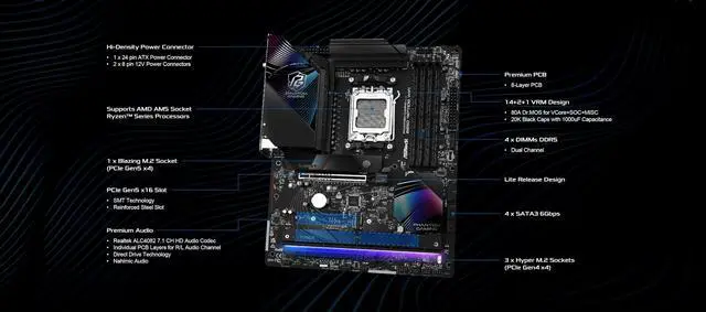 Alt view image 3 of 5 - ASRock AMD B850 Phantom Gaming Riptide WiFi 7 Socket AM5 Ryzen 9000/8000/7000 Series DDR5 8000+ (OC) MHz 256GB ATX Motherboard M.2 SATA3 6.0 Gb/s PCIe 5.0