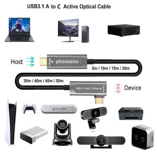 Alt view image 4 of 5 - phoossno USB C to C Fiber Optical Cable USB 3.2Type C Cable 10Gbps 50FT Compatible with Microsoft Azure Logitech Camera Aver &Vaddio & Barco ClickShare Touch Screen Kinect Intel Rea