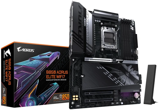 Main image of Gigabyte B850 AORUS Elite WIFI7 Motherboard - AMD Ryzen 9000 Series CPUs, 14+2+2 Phases Digital VRM, up to 8200MHz DDR5 (OC), 1xPCIe 5.0 + 2xPCIe 4.0 M.2, 2.5 LAN, WiFi 7, USB 3.2 Gen 2x2