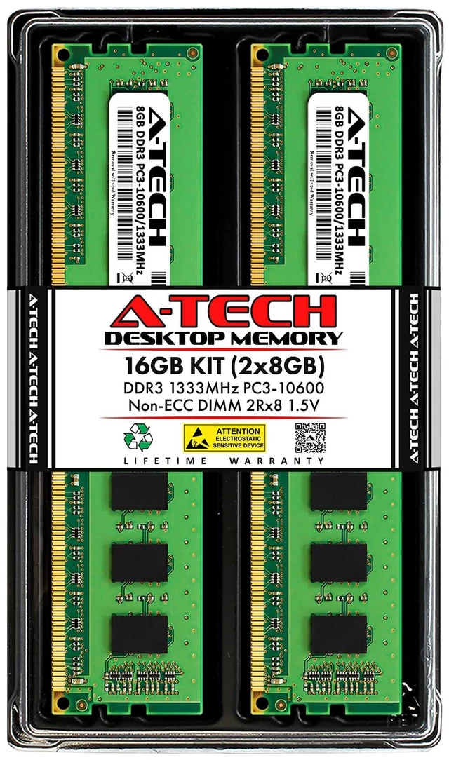 Main image of A-Tech 16GB Kit (2x8GB) RAM for Dell OptiPlex 9010, 7010, 3010, 990, 790, 390 (USFF/SFF/MT/DT) ^^ DDR3 1333 MHz DIMM PC3-10600 UDIMM Memory Upgrade