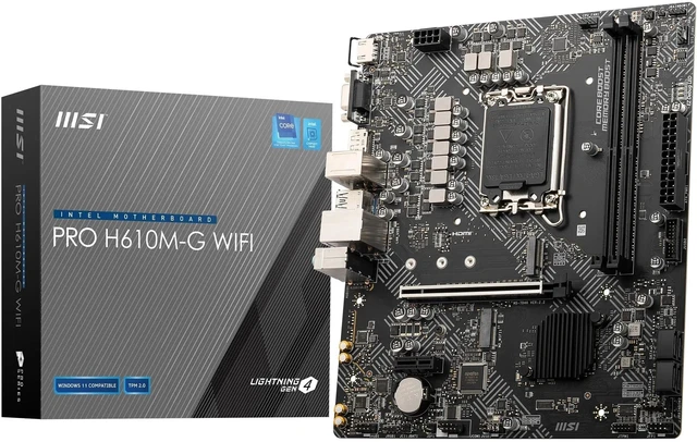 Main image of MSI PRO H610M-G WiFi Motherboard, Micro-ATX - Supports Intel Core 14th, 13th and 12th Gen Processors, LGA 1700 - DDR5 Memory Boost 5600MHz/MAX, PCIe 4.0 x16 Slot, M.2 Gen3, Wi-Fi 6E, BT 5.3