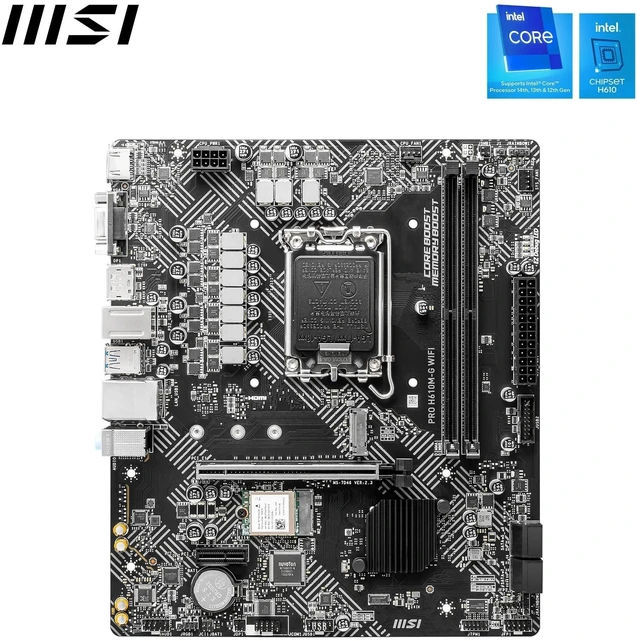 Alt view image 2 of 5 - MSI PRO H610M-G WiFi Motherboard, Micro-ATX - Supports Intel Core 14th, 13th and 12th Gen Processors, LGA 1700 - DDR5 Memory Boost 5600MHz/MAX, PCIe 4.0 x16 Slot, M.2 Gen3, Wi-Fi 6E, BT 5.3