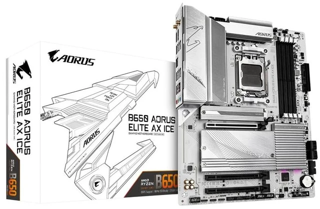 Main image of Gigabyte B650 AORUS ELITE AX ICE AMD AM5 Socket Motherboard, ATX, 4x DDR5 Slots, 3x M.2 Sockets, 2x USB-C Port, Fitted I/O Shield, 2.5GbE LAN, Wi-Fi 6E, 1x DisplayPort / 1x HDMI Port