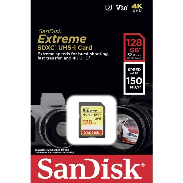 Alt view image 3 of 5 - SANDISK 128GB Extreme SDXC UHS-I Memory Card - 150MB/s, C10, U3, V30, 4K UHD, SD Card - SDSDXV5-128G-GNCIN