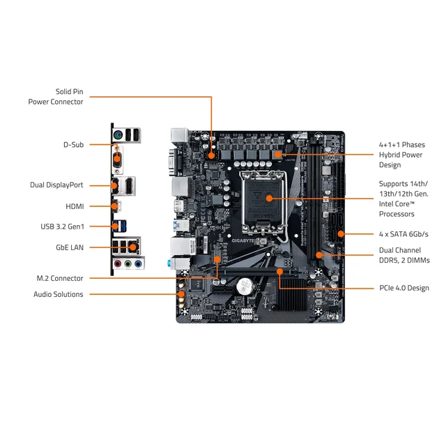 Alt view image 5 of 5 - GIGABYTE H610M S2H V2 Motherboard, Supports 14th/13th/12th Gen Intel Core Processors (LGA 1700), mATX, DDR5, 1x M.2, PCIe 4.0, USB-C, HDMI, 2X DisplayPort, D-Sub, 1GbE LAN