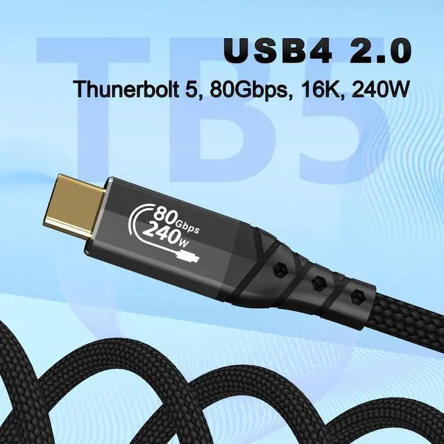 Alt view image 2 of 5 - ZIKNYDO 80Gbps for Thunderbolt 5 Cable 3.3FT/1m, USB 4 2.0 Cable 120Gbps Bandwidth for 16K/Dual 8K Displays, PD3.1 240W Charging, for Thunderbolt 4, SSD, MacBook M4 Pro/Max, eGPU, Mac mini M4 Pro
