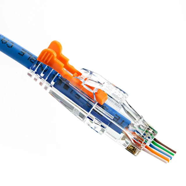 Alt view image 3 of 5 - NTW Gold Plated Lockable CAT6/6a RJ45 Pass Through Connectors (100 Pack), EZ to Crimp Modular Plug with Boots for Solid or Stranded UTP 23/24 AWG Cable