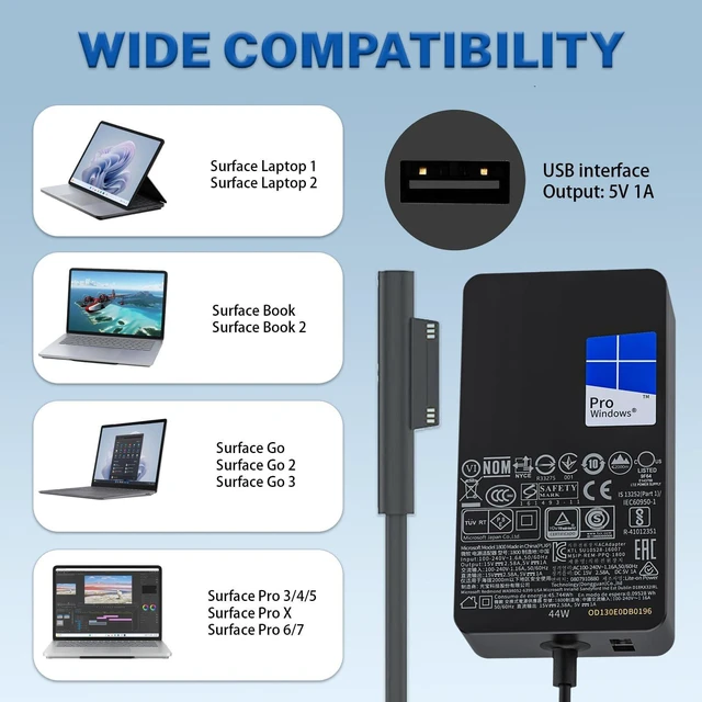 Alt view image 3 of 5 - Original 44W 39W 36W 1800 1625 1735 Surface Laptop Charger Fit for Microsoft Surface Pro 6 5 4 3 Windows Surface Laptop 3 2 1 Surface Go Tablet Power Cord with 5V 1A USB Charging Port (44W)