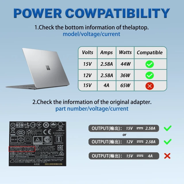 Alt view image 4 of 5 - Original 44W 39W 36W 1800 1625 1735 Surface Laptop Charger Fit for Microsoft Surface Pro 6 5 4 3 Windows Surface Laptop 3 2 1 Surface Go Tablet Power Cord with 5V 1A USB Charging Port (44W)