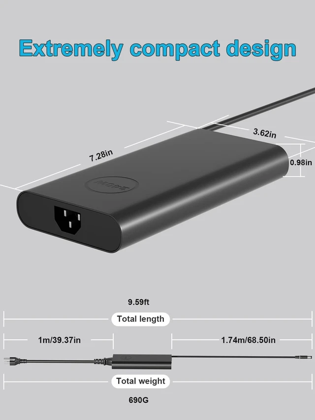 Alt view image 4 of 5 - HSXIRQA New 240W Gan Slim Style AC Charger for Dell Alienware x17 x16 x15 M17 M17x M15 M14x 17 15 Precision 7780 7770 7670 7680 7550 7560 G16 G15 G7 G5 5521 5535 5530 7620 Gaming Laptop LA240PM200