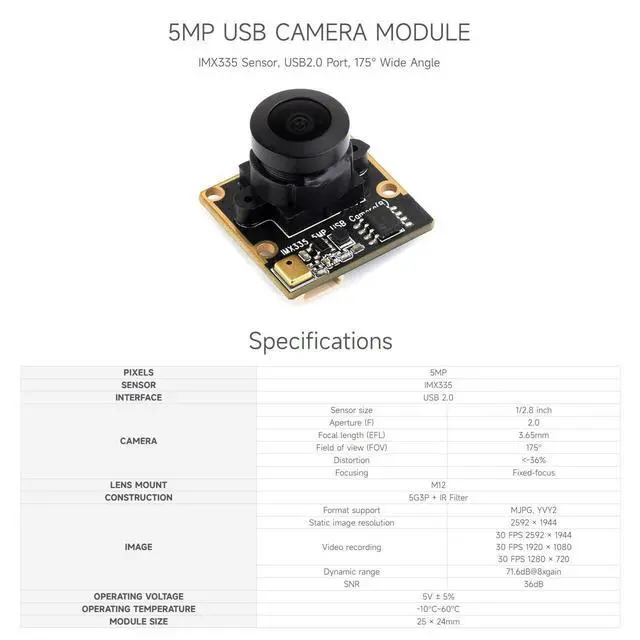 Alt view image 3 of 5 - waveshare IMX335 5MP USB Camera (B), Compatible with Raspberry Pi 5 and Jetson Orin kit, 2K Video Recording, Better Sensitivity in Low-Light Condition, Wide Dynamic Range