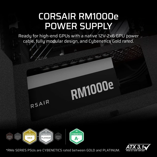 Alt view image 2 of 5 - CORSAIR RM1000e ATX 3.1 PCIe 5.1 Ready Fully Modular 1000W Power Supply 12V-2x6 Cable Included, Cybenetics Gold Efficiency, 105C-Rated Capacitors, Modern Standby Mode Black