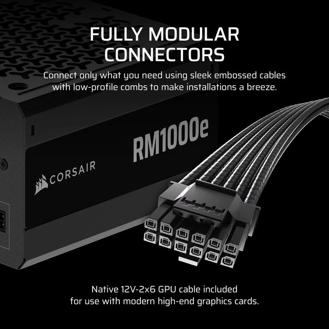Alt view image 4 of 5 - CORSAIR RM1000e ATX 3.1 PCIe 5.1 Ready Fully Modular 1000W Power Supply 12V-2x6 Cable Included, Cybenetics Gold Efficiency, 105C-Rated Capacitors, Modern Standby Mode Black