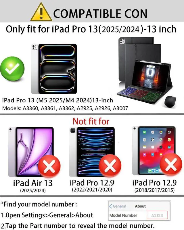 Alt view image 2 of 5 - SAMTUNK Keyboard Case for iPad Pro 13 (M5 2025) / iPad Pro 13 (M4 2024) 13 inch Cover - 7 Color Rainbow Change Backlit Detachable Keyboard Built in Pencil Holder with Mouse - Black