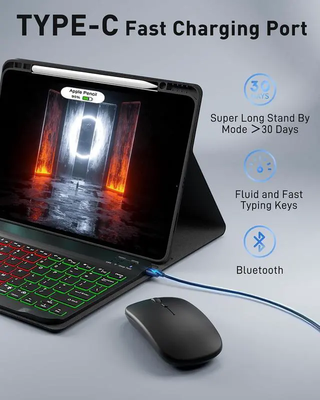 Alt view image 4 of 5 - SAMTUNK Keyboard Case for iPad Pro 13 (M5 2025) / iPad Pro 13 (M4 2024) 13 inch Cover - 7 Color Rainbow Change Backlit Detachable Keyboard Built in Pencil Holder with Mouse - Black