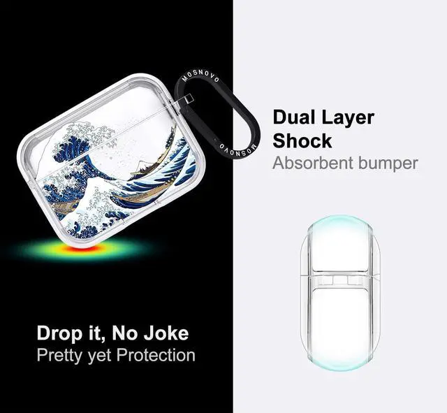 Alt view image 4 of 5 - MOSNOVO Case for Airpods Pro & Airpods Pro 2, Protective Clear Case with Shockproof Dual Layer Hard Luxe Metal Ring Designed for Airpods Pro 2 Generation - Great Wave